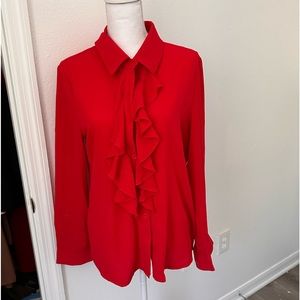 Women’s red button down blouse with ruffles at buttons